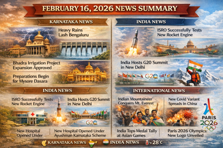 "ಫೆಬ್ರವರಿ 16 2026ರ ಕರ್ನಾಟಕ ಮತ್ತು ಅಂತರಾಷ್ಟ್ರೀಯ ಸುದ್ದಿಗಳ ಸಾರಾಂಶವನ್ನು ತೋರಿಸುವ ಗ್ರಾಫಿಕ್ ಚಿತ್ರ"